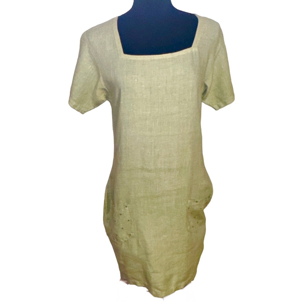 Liz & Jane Green Linen Dress Womens Small Square Neck Embroidered Pockets